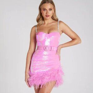 Nadine Merabi "Fifi" Pink Sequin Mini Dress with Belt